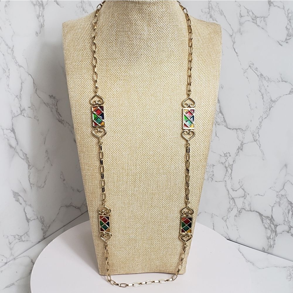 VINTAGE ROLAND Long Goldtone Enameled Necklace